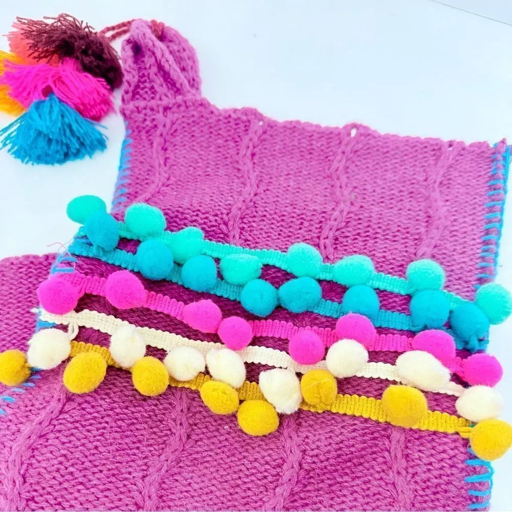 Natural Life Set of 3 Boho Christmas Stockings Purple Cable Knit PomPom Trim